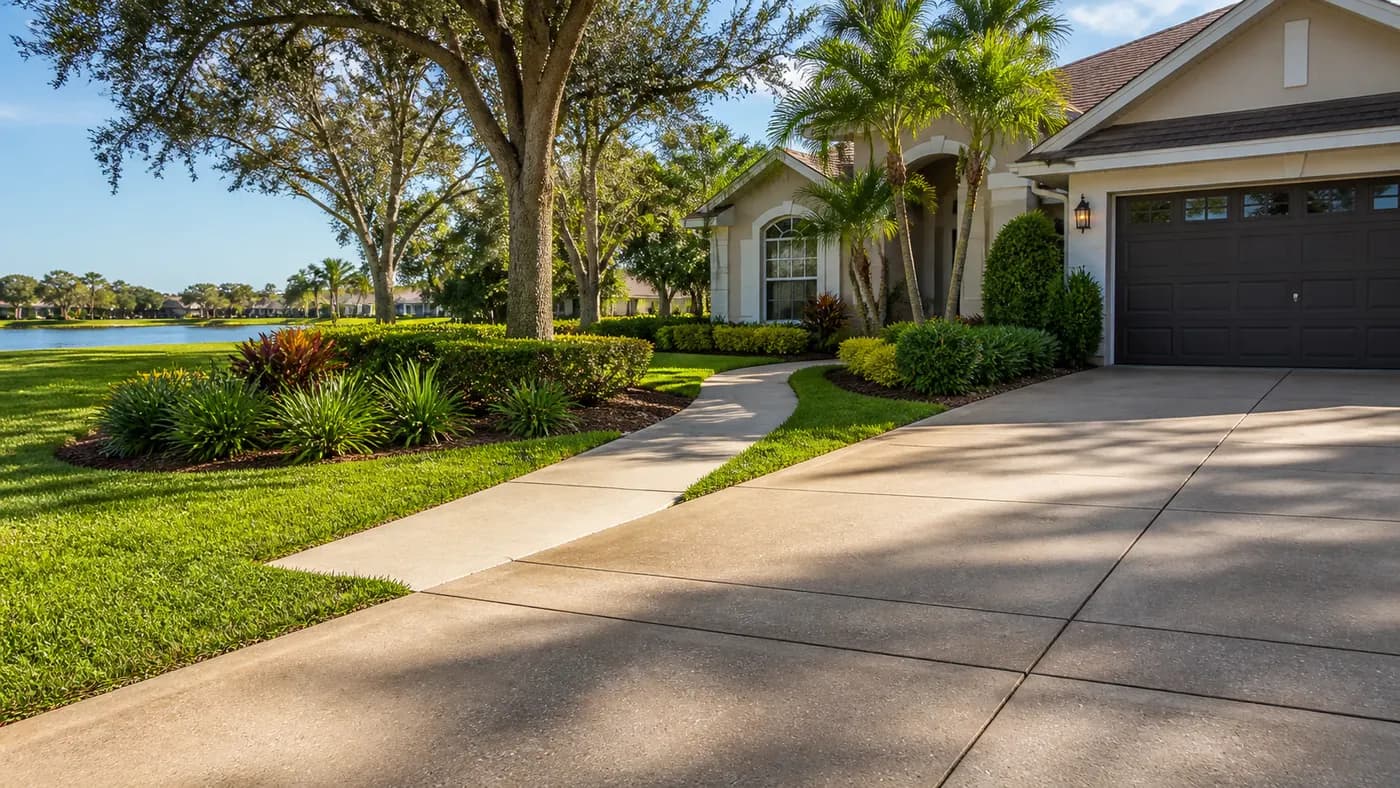 Illustrative residential driveway and walkway beside mature landscaping
