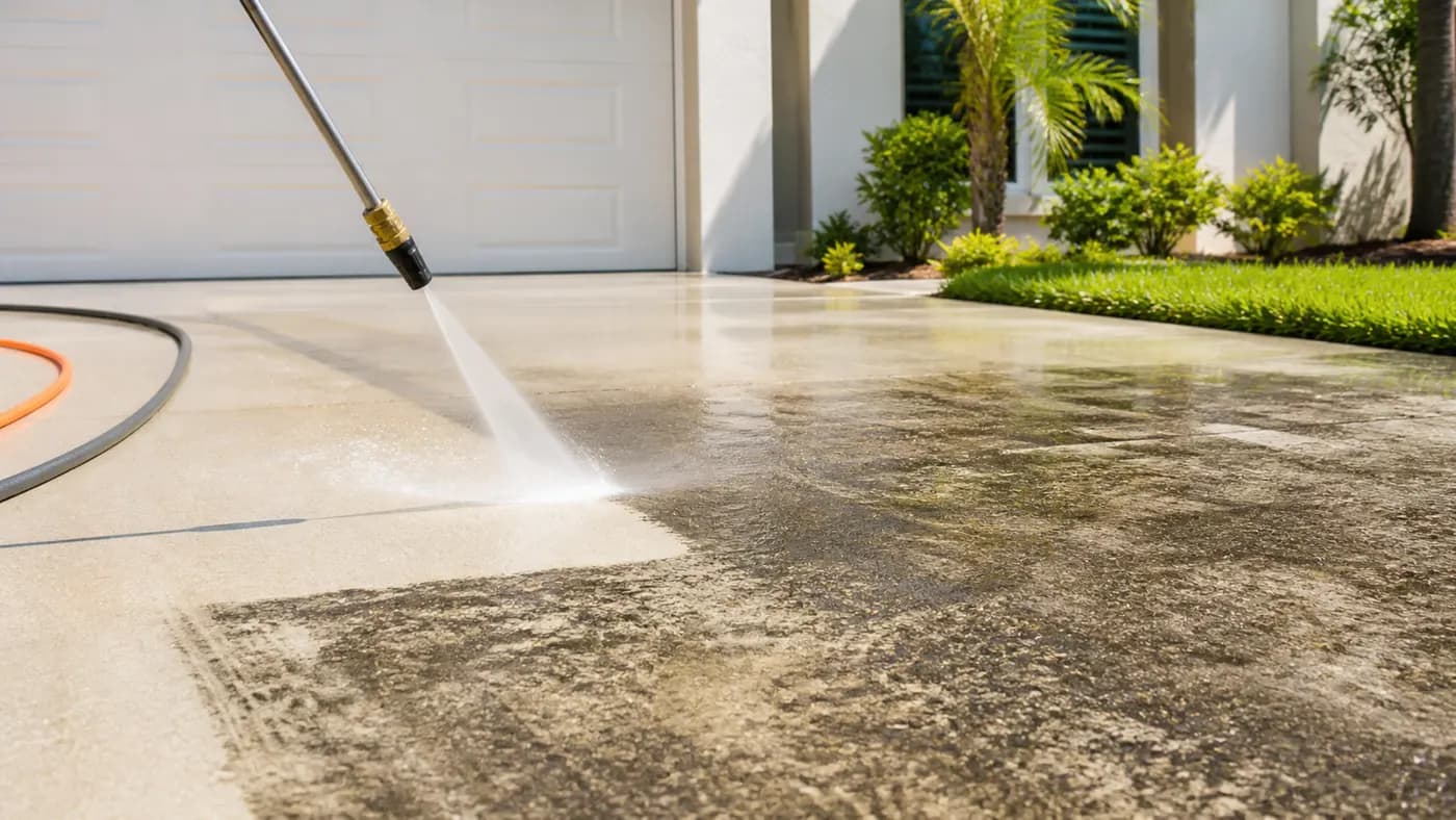 Pressure washing a Florida home's concrete driveway