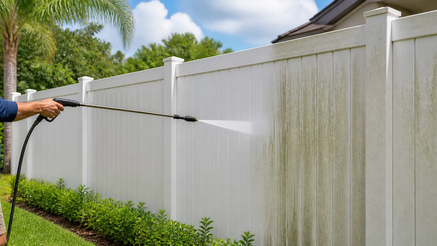 Pressure washing a white residential privacy fence with visible buildup
