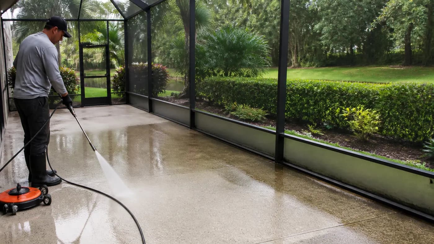 Cleaning a screened Florida lanai patio floor with pressure washing equipment