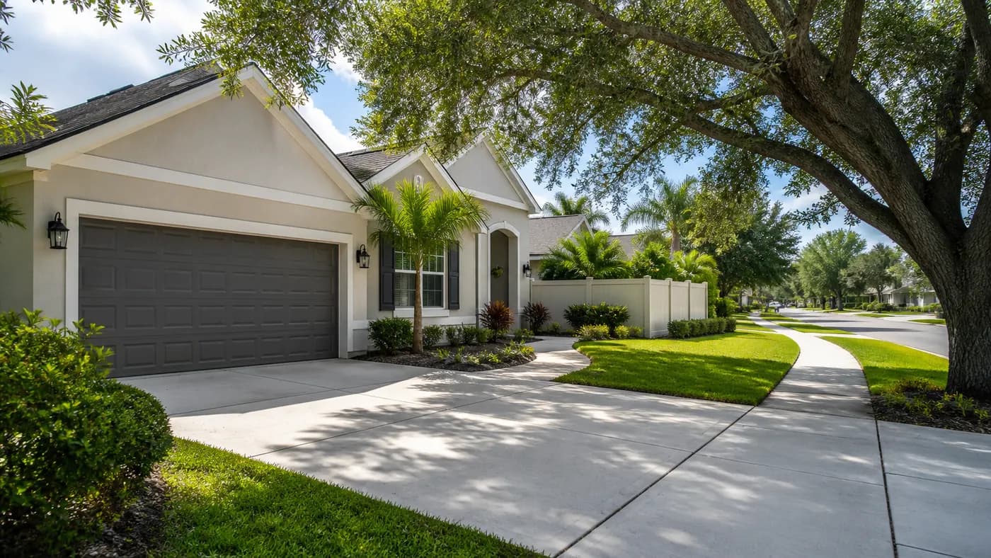 Illustrative residential driveway, walkway, and fence beneath mature trees