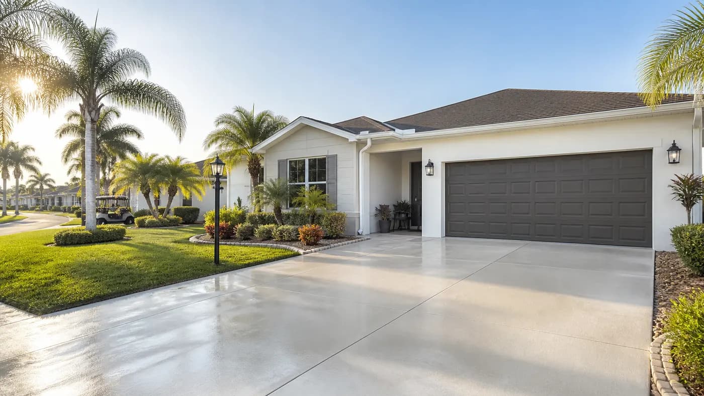 Illustrative single-story Florida home with a driveway and landscaped entry